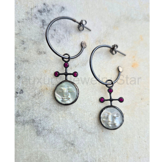 Mother of Pearl and Ruby Moon Hoops