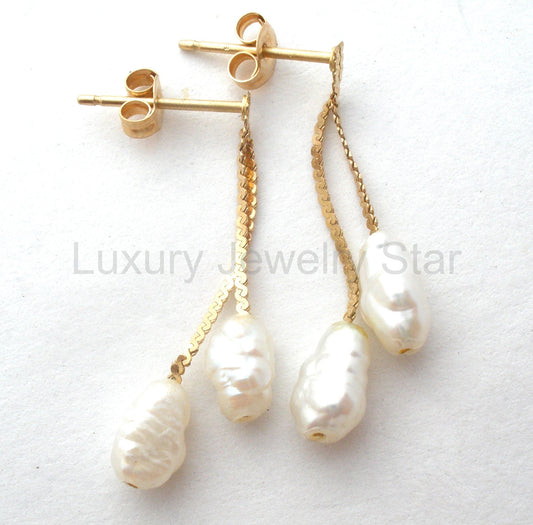 14K Gold Dangle Baroque Pearl Earrings