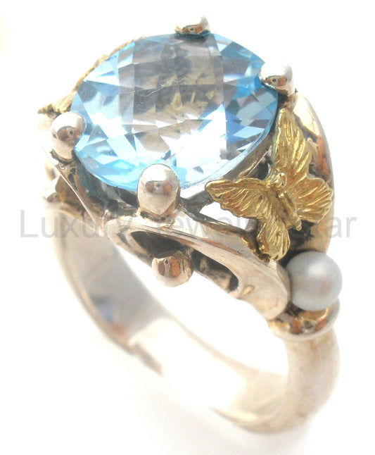 Ann King Sterling Silver 18k Gold Butterfly Blue Topaz Ring Size 9