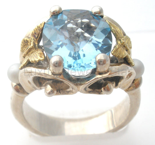 Ann King Sterling Silver 18k Gold Butterfly Blue Topaz Ring Size 9 - image 2