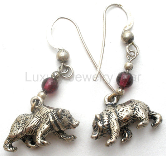 Bear Garnet Bead Dangle Earrings Sterling Silver