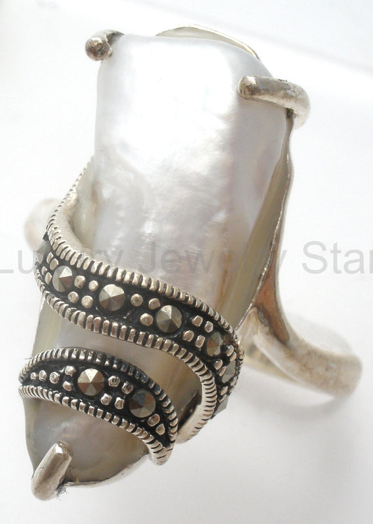 Biwa Pearl & Marcasite Ring Size 10 Sterling