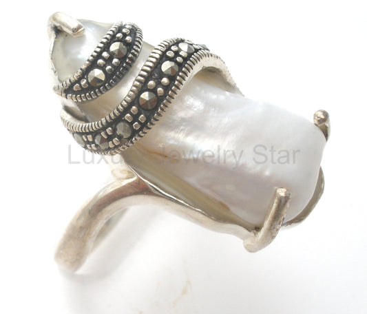 Biwa Pearl & Marcasite Ring Size 10 Sterling - image 2