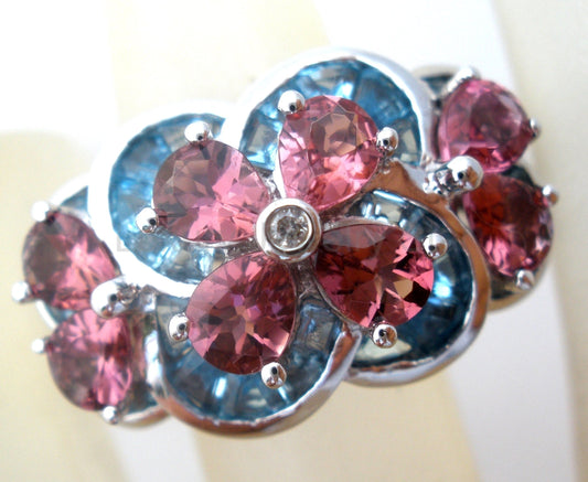 Pink Tourmaline Blue Topaz 14K Gold Ring Size 9