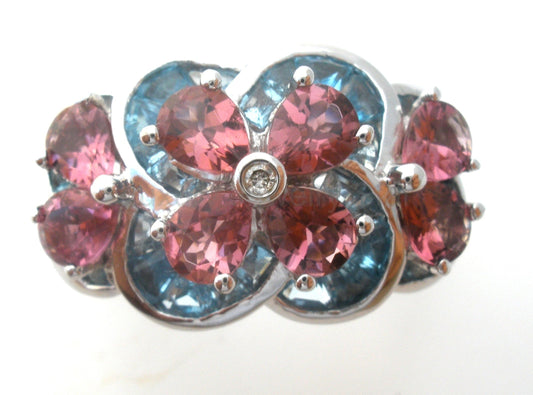 Pink Tourmaline Blue Topaz 14K Gold Ring Size 9 - image 2