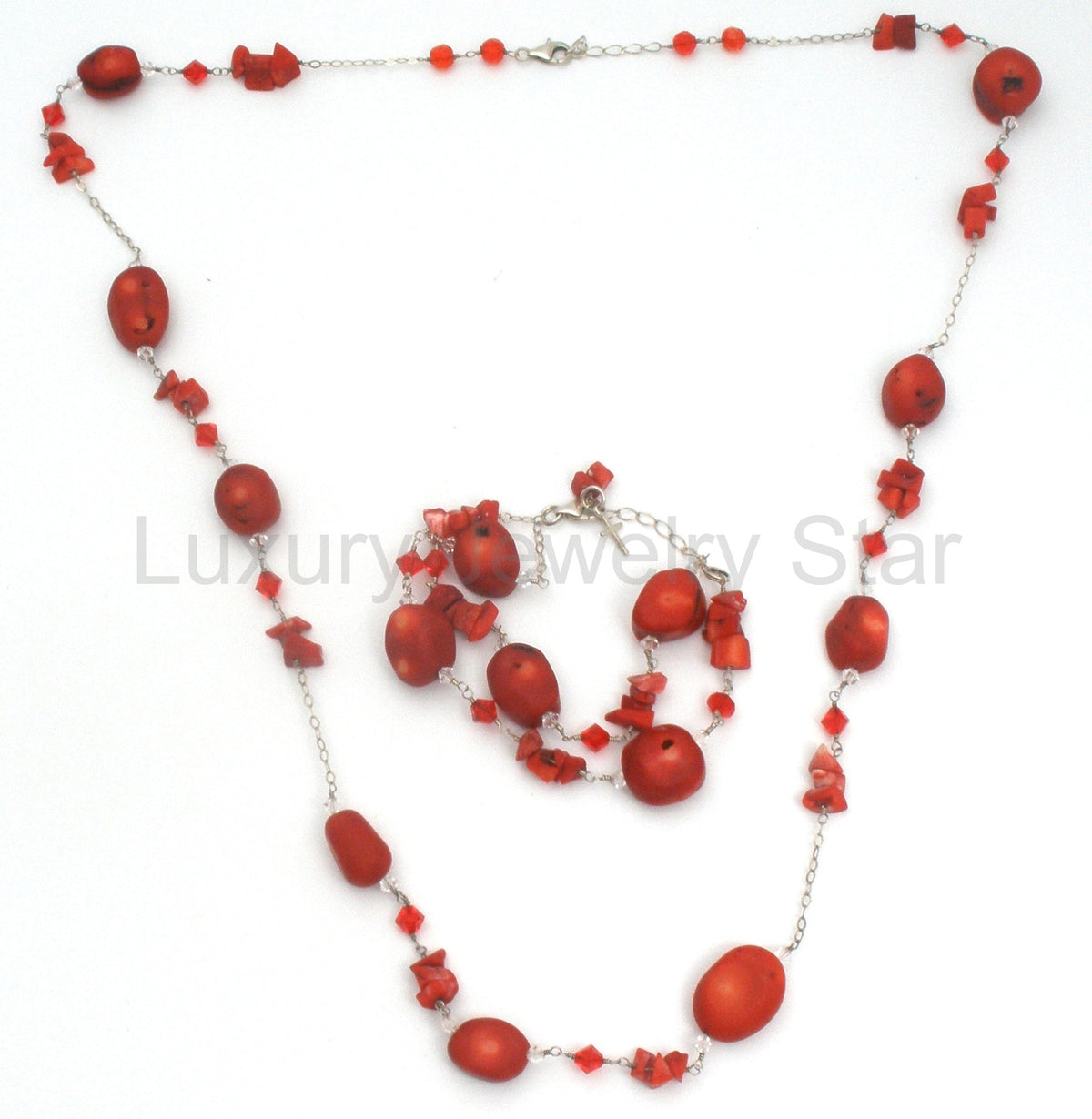 Red Coral & Crystal Bead Necklace Jewelry Set Sterling Silver