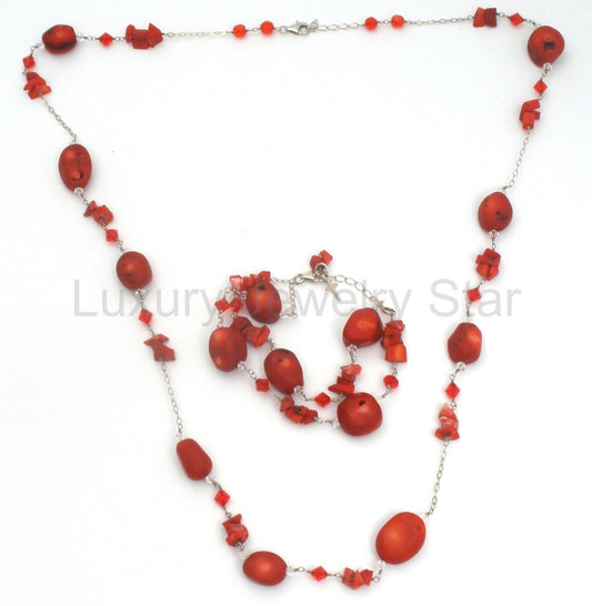 Red Coral & Crystal Bead Necklace Jewelry Set Sterling Silver