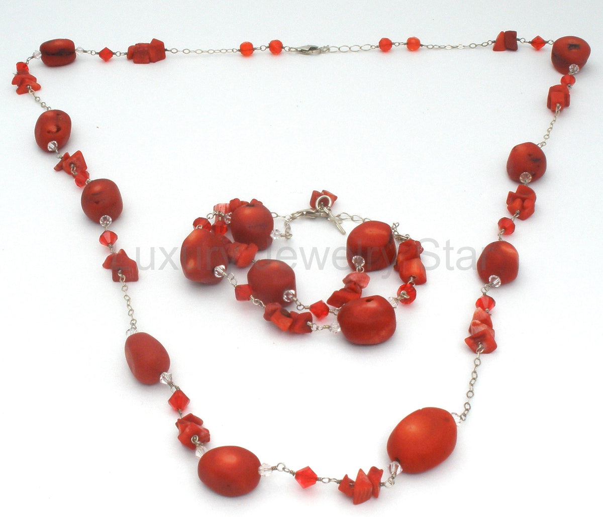 Red Coral & Crystal Bead Necklace Jewelry Set Sterling Silver - image 2