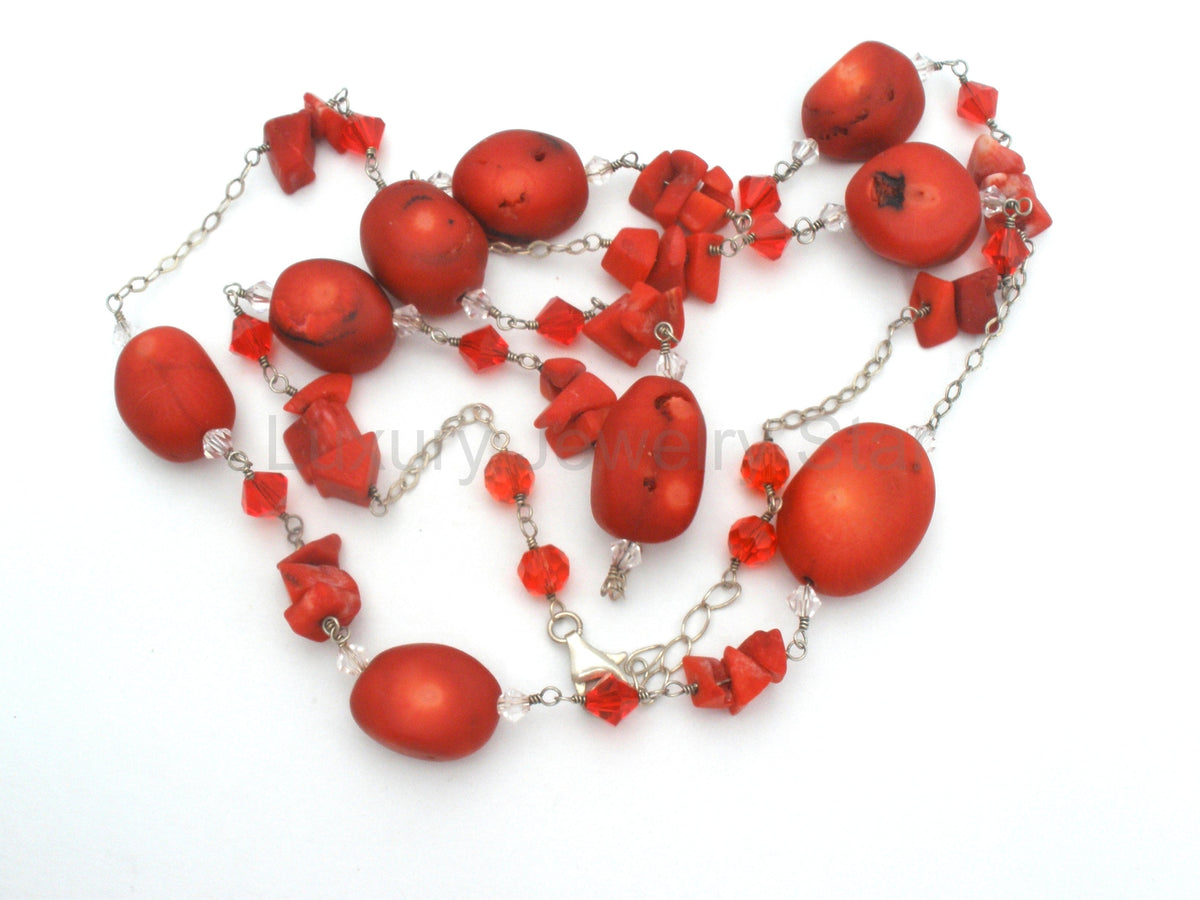 Red Coral & Crystal Bead Necklace Jewelry Set Sterling Silver - image 3