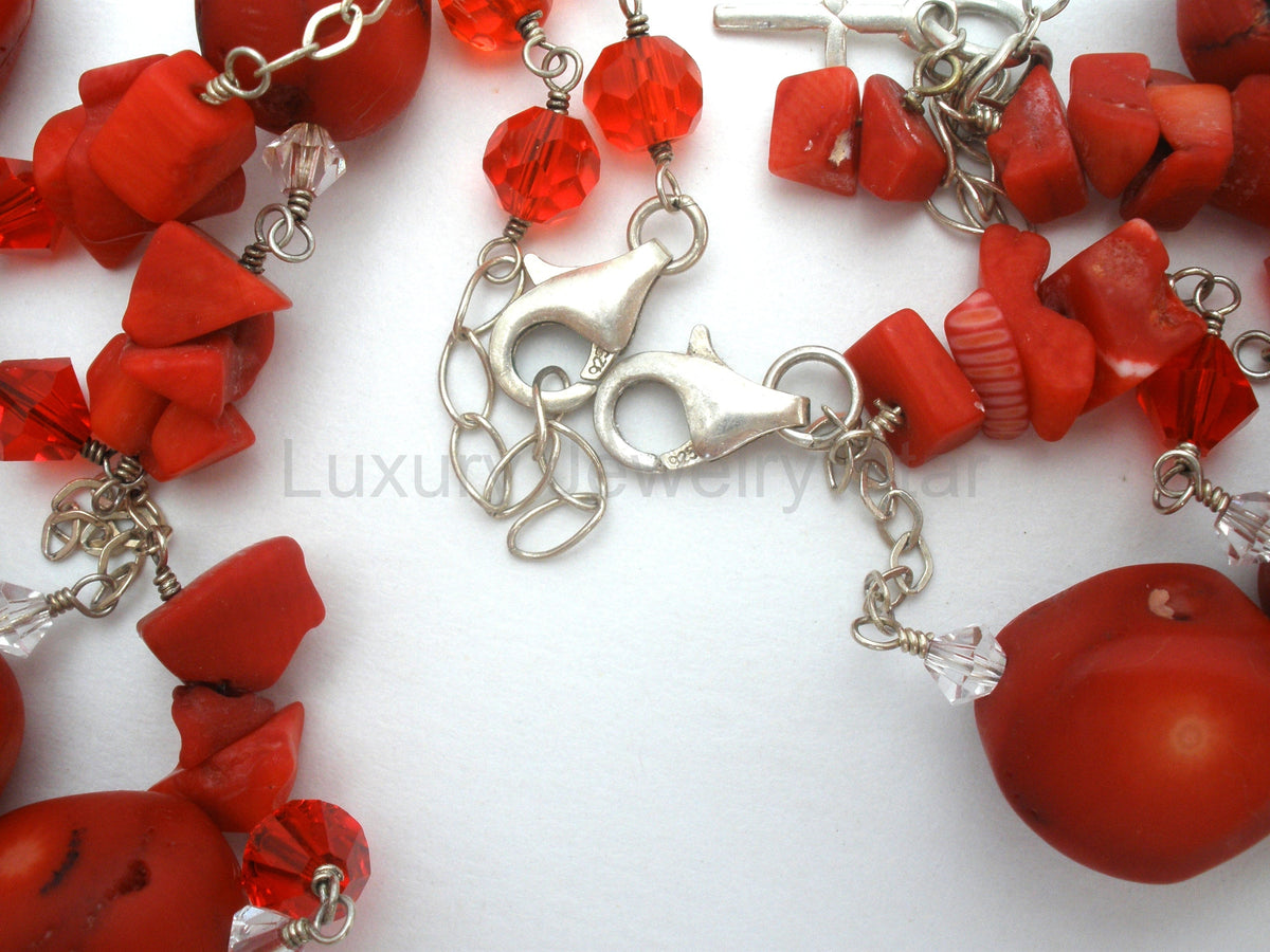 Red Coral & Crystal Bead Necklace Jewelry Set Sterling Silver - image 4