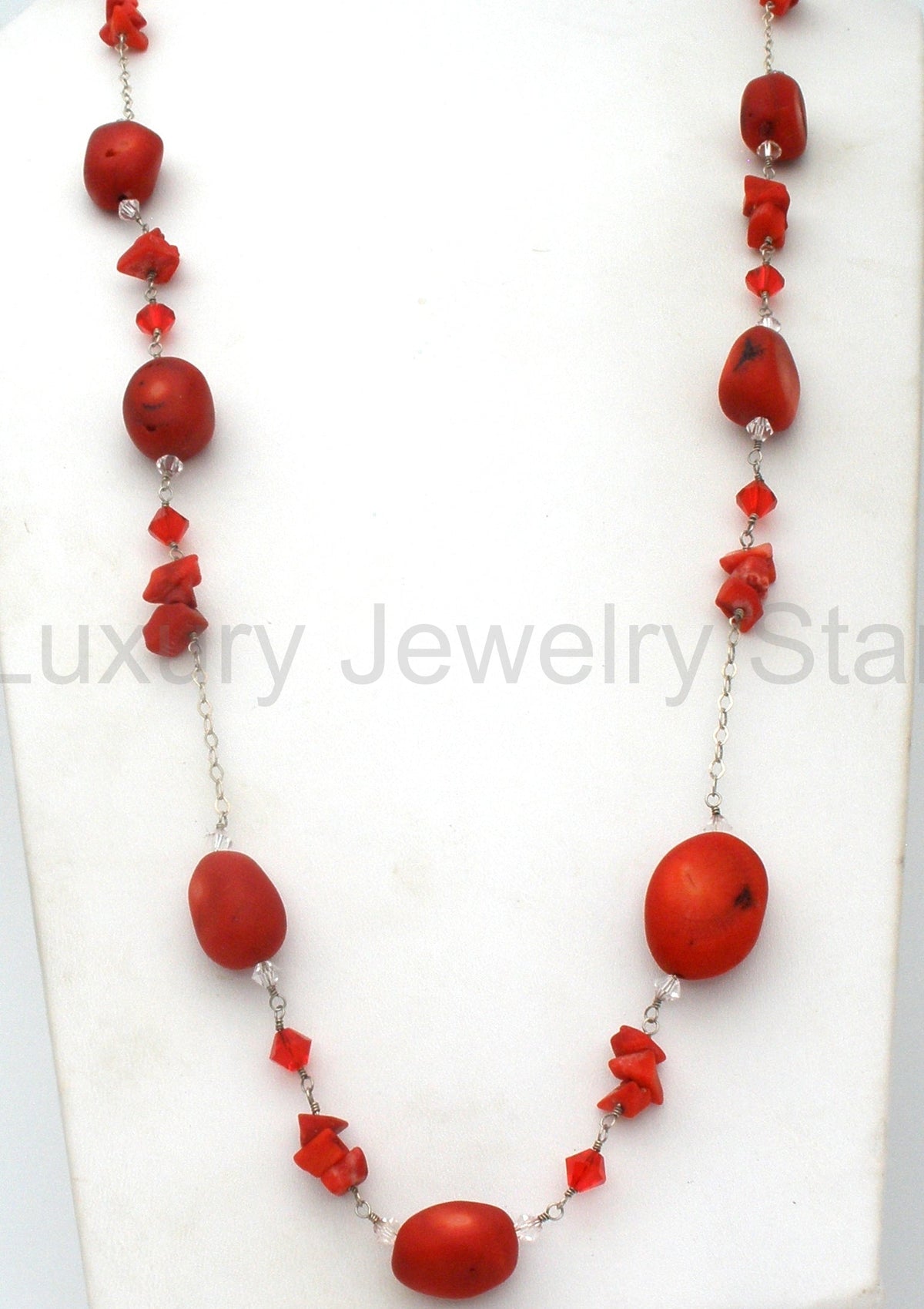 Red Coral & Crystal Bead Necklace Jewelry Set Sterling Silver - image 5
