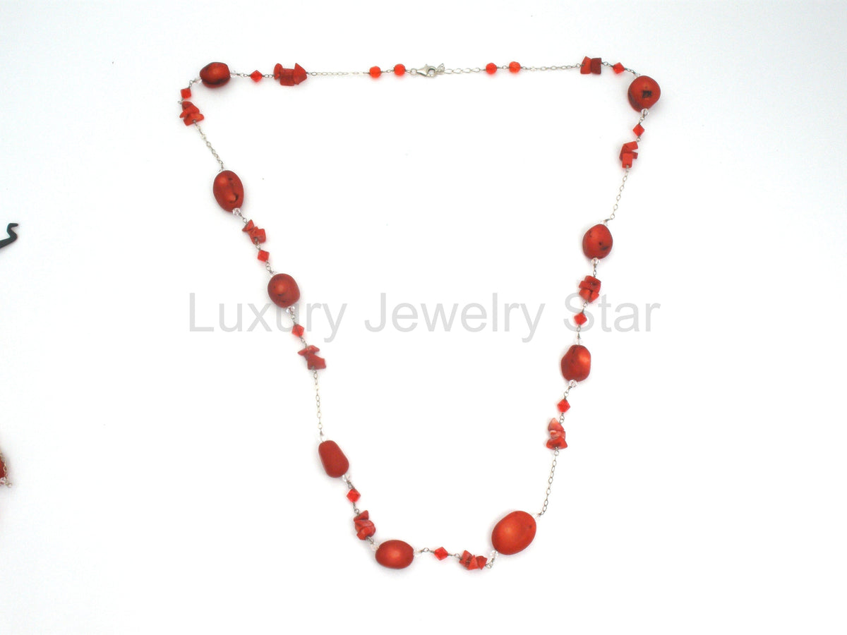 Red Coral & Crystal Bead Necklace Jewelry Set Sterling Silver - image 6