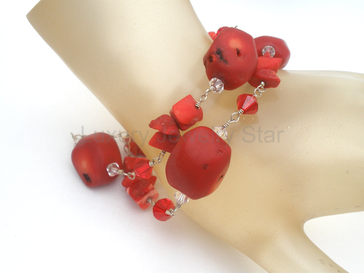 Red Coral & Crystal Bead Necklace Jewelry Set Sterling Silver - image 7