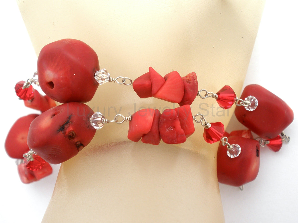 Red Coral & Crystal Bead Necklace Jewelry Set Sterling Silver - image 8