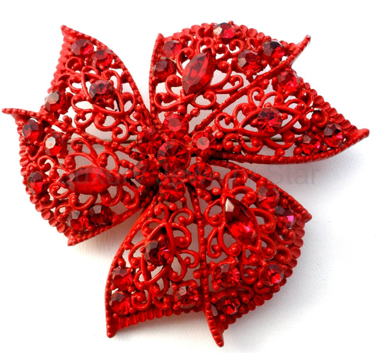 Red Enameled Rhinestone Brooch Vintage