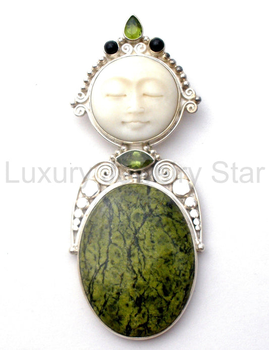 Sajen Carved Moon Face Pendant Brooch Sterling Silver