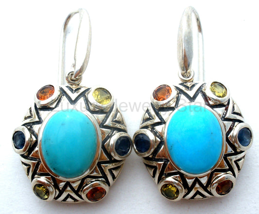 Sterling Silver Turquoise Blue Topaz and Citrine Earrings