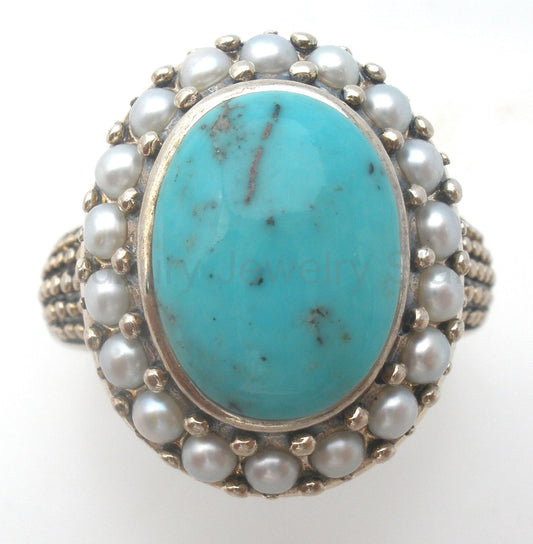 Turquoise & Pearl Ring Sterling Silver Size 10