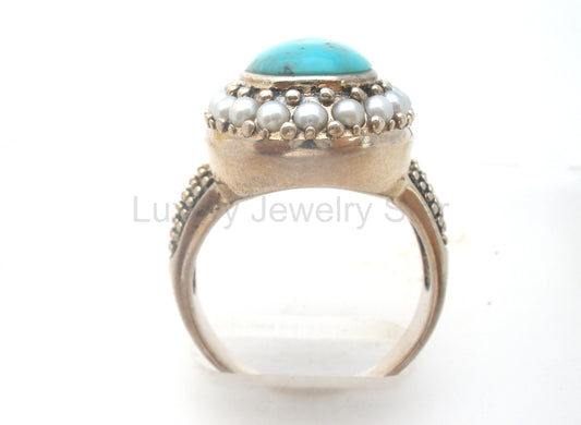 Turquoise & Pearl Ring Sterling Silver Size 10 - image 2