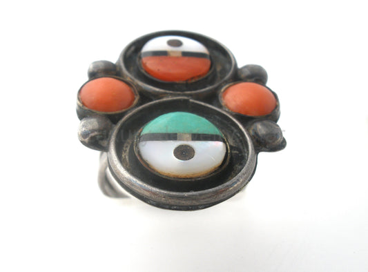 Zuni Coral Turquoise Mother of Pearl Ring Size 6 - image 2