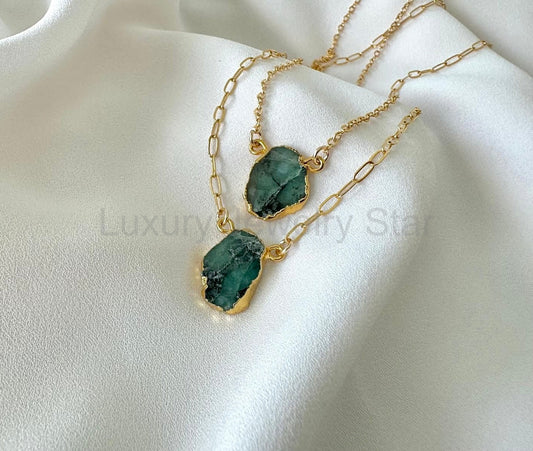 Raw Emerald Pendant Necklace - Gold Filled - May Birthstone