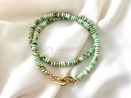 Real Beaded Amazonite Necklace with Large Gold Filled Clasp -