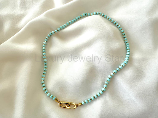 Real Beaded Turquoise Necklace with Large Gold Filled Clasp - December Birthstone