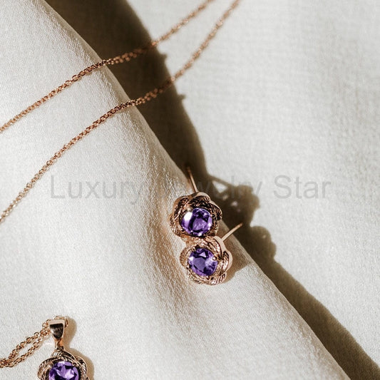 Amethyst Leaf Earrings in 14k Gold