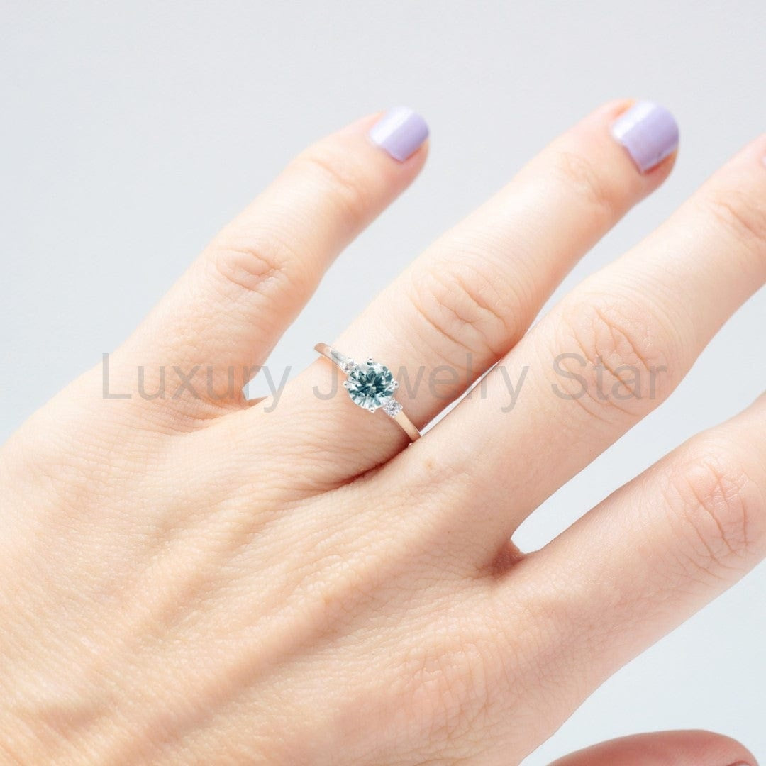 Round Aquamarine Diamond Trilogy Ring - image 4