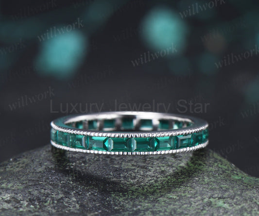Baguette Cut Emerald Wedding Ring Vintage Milgrain Channel Set Full Eternity Band Stacking Ring Anniversary Gift