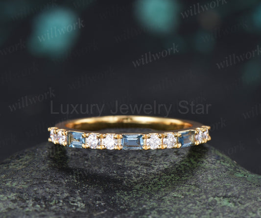 Baguette London Blue Topaz Moissanite Wedding Band Half Eternity Stacking Ring Gifts for Women