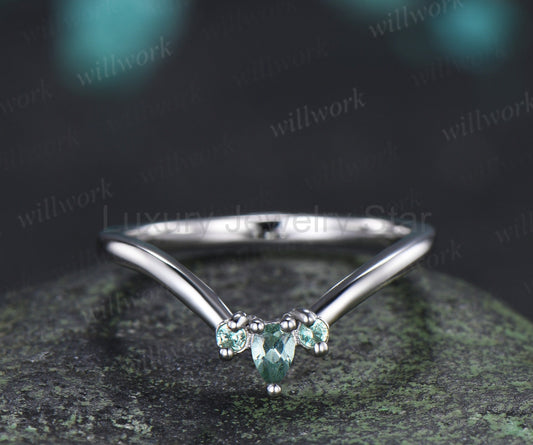 Curved green sapphire wedding band vintage three stone stacking ring women matching band
