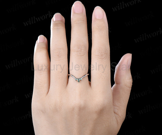 Curved green sapphire wedding band vintage three stone stacking ring women matching band