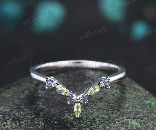 Curved V shaped wedding band unique marquise peridot round alexandrite stacking ring birthstone ring