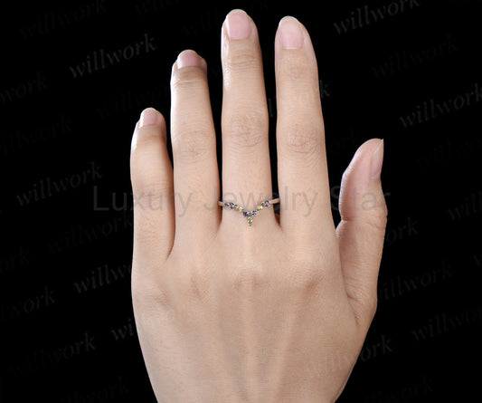 Curved V shaped wedding band unique marquise peridot round alexandrite stacking ring birthstone ring