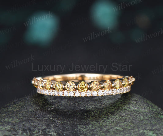 Double Row Yellow & White Diamond Half Eternity Wedding Band Unique Stacking Ring Gifts for Her