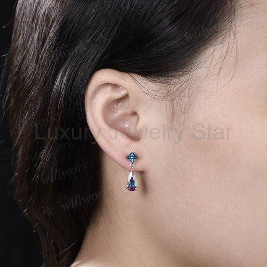 Elongated Pear Alexandrite Earrings London Blue Topaz Dangle Earrings Color Change - image 2