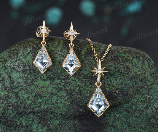 Kite Cut Natural Aquamarine Polaris Necklace Earrings Set Vintage Milgrain Aquamarine Moissanite
