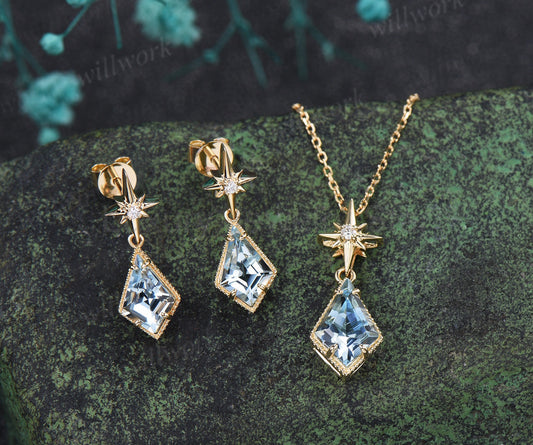 Kite Cut Natural Aquamarine Polaris Necklace Earrings Set Vintage Milgrain Aquamarine - image 2