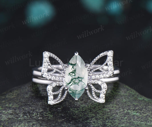 Marquise cut moss agate engagement ring 14k white gold unique butterfly cluster bridal wedding ring