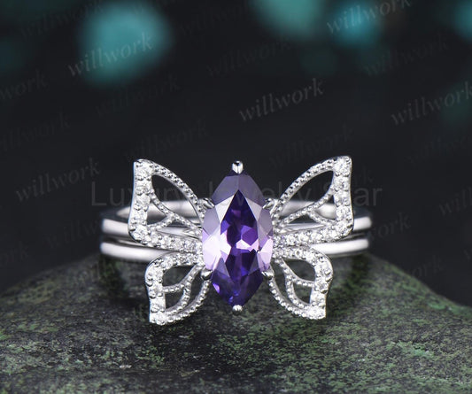 Marquise cut purple sapphire engagement ring 14k white gold unique butterfly bridal wedding ring set