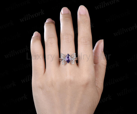 Marquise cut purple sapphire engagement ring 14k white gold unique butterfly bridal - image 2