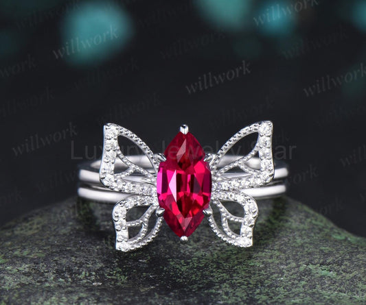 Marquise cut red ruby engagement ring 14k white gold unique butterfly bridal wedding ring set