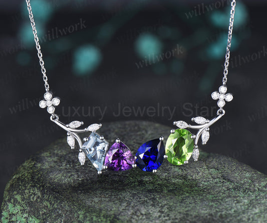 Nature Inspired Aqumarine Amethyst Sapphire Peridot Necklace Leaf Twig Pendant Unique Family Bestie Birthstone Necklace