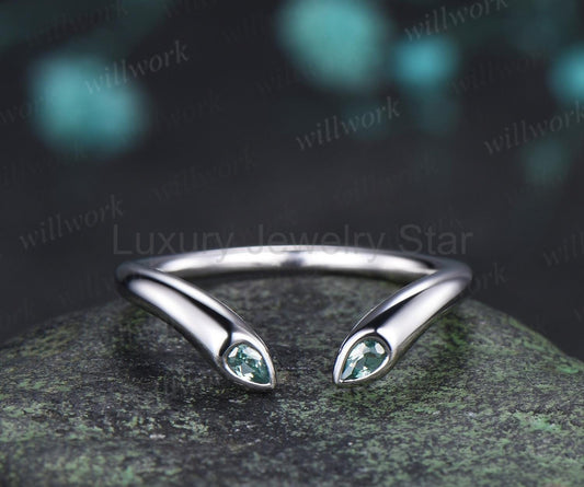 Open gap bezel pear green sapphire wedding band solid 14k white gold stacking bridal ring women silver