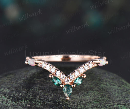 Pear moss agate wedding band rose gold curved marquise emerald opal half eternity moissanite wedding ring women gift