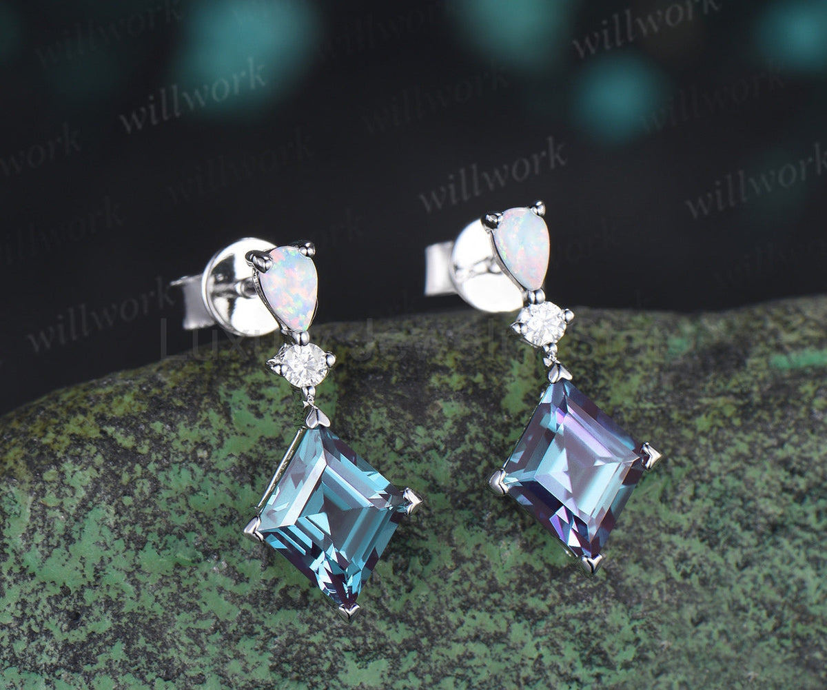 Rhombus Cut Alexandrite Earrings Opal Drop Earrings Color Change Gemstone Dangle Earrings - image 3