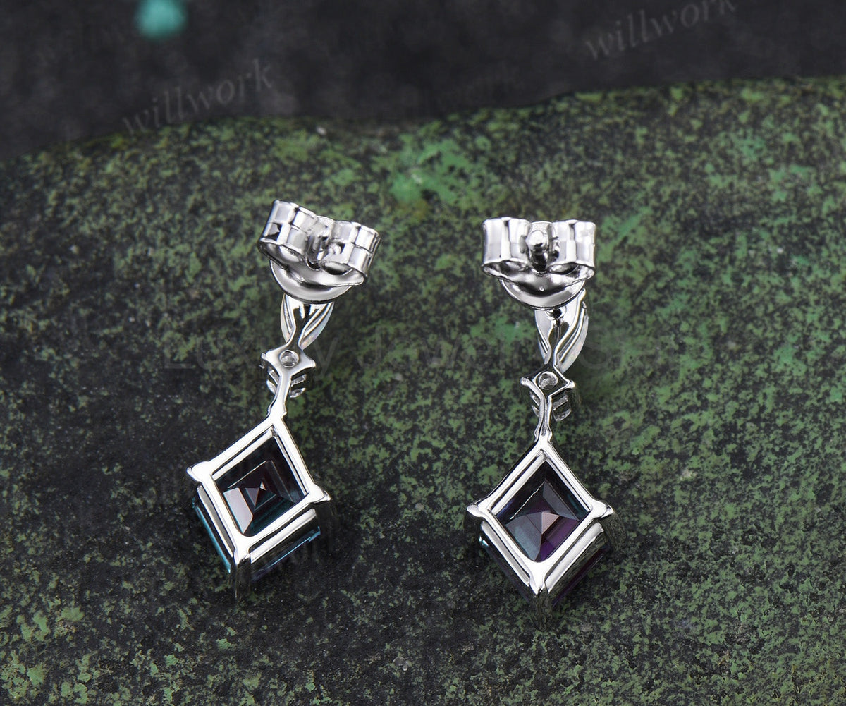 Rhombus Cut Alexandrite Earrings Opal Drop Earrings Color Change Gemstone Dangle Earrings - image 4