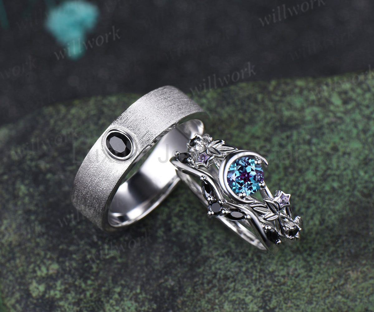 Round Alexandrite Moon Leaf Black Spinel Ring Set & Solitaire Black Onyx Brushed Finish Men Wedding
