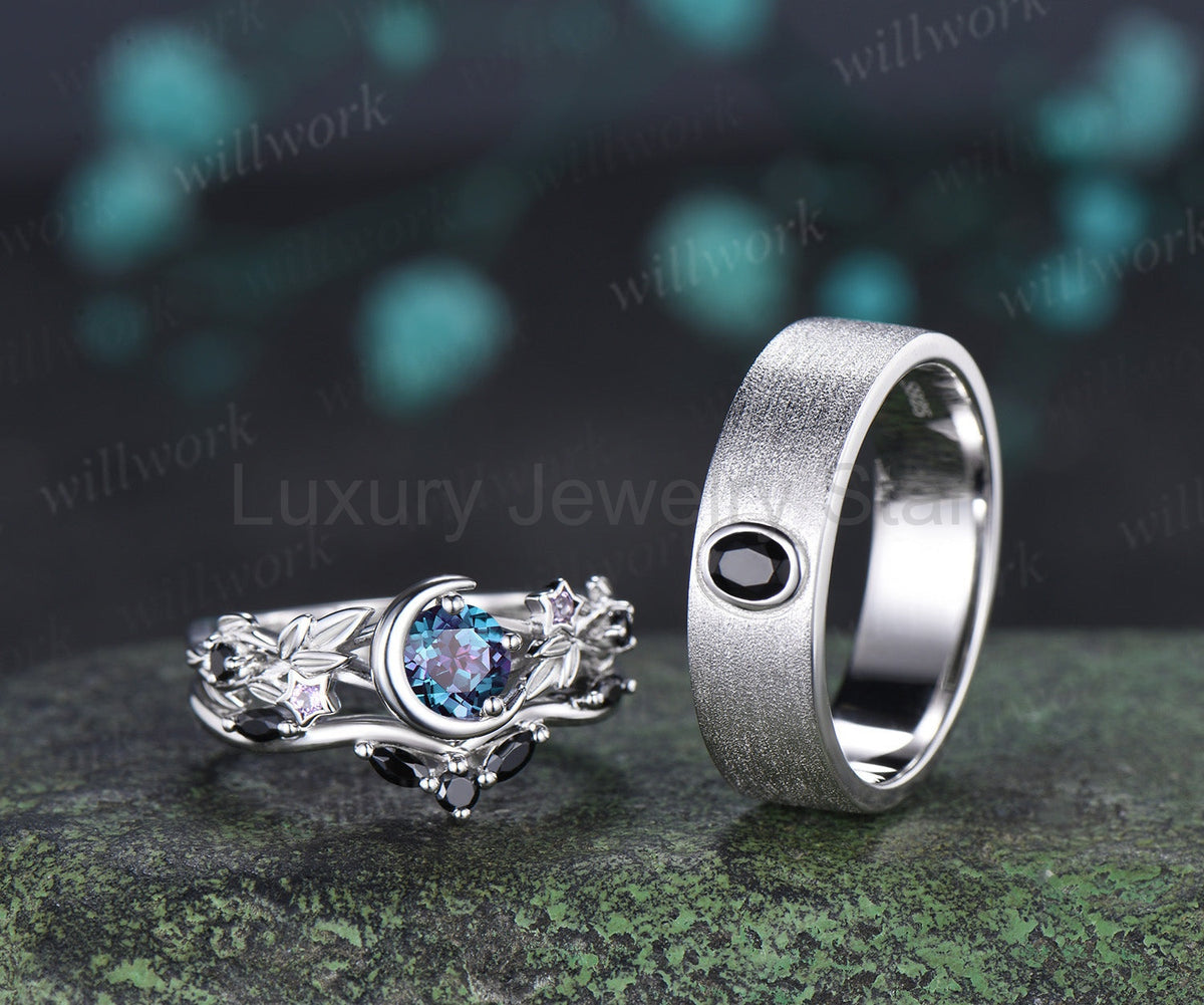 Round Alexandrite Moon Leaf Black Spinel Ring Set & Solitaire Black Onyx Brushed Finish - image 3